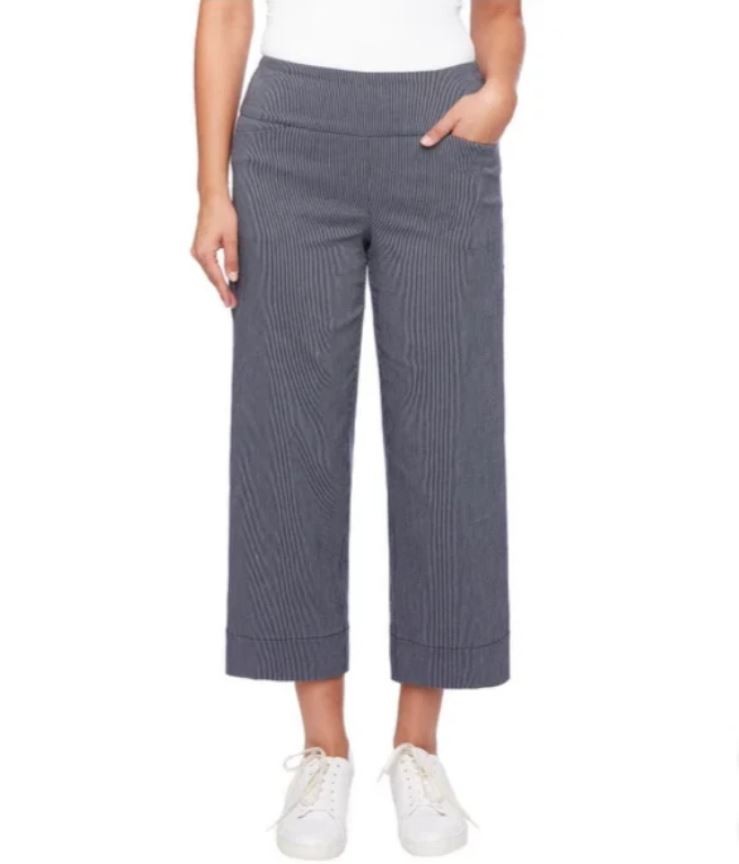 S.C. & CO. Women’s Wide Leg Pinstripe, Tummy Control Cropped Pants, Navy, Medium