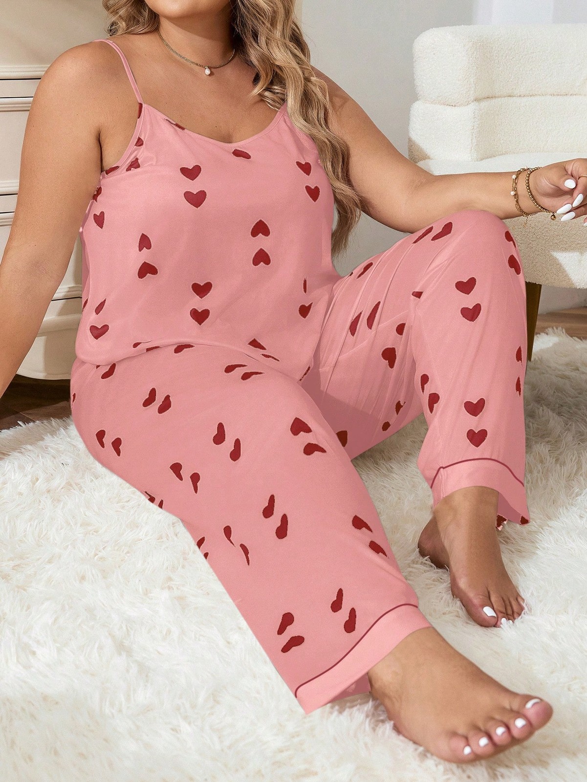 Comfy Plus Size Pyjama Set With Heart Pattern Strappy Top And Trousers Cheap24