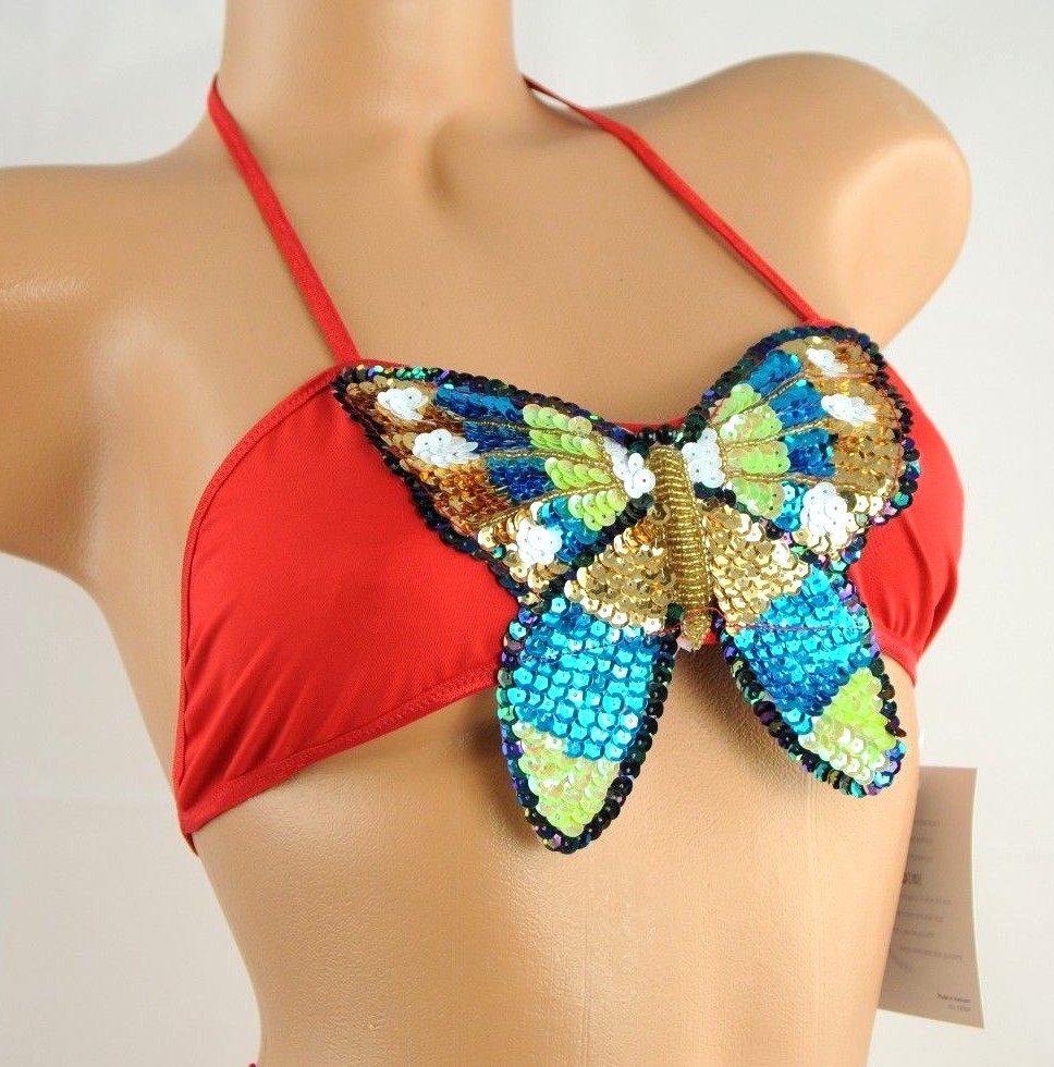 VALENTINES Exotic Sequin Butterfly Sissy Dancer RED Thong & Tie Bra Set M L