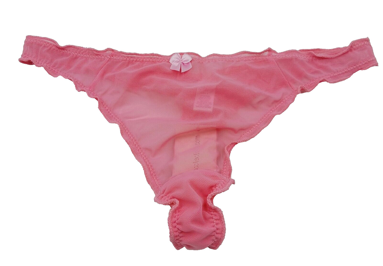 La Mariposa Thong Panty Women’s Large Mesh Dark Pink Bow Front Ruffled Edges New