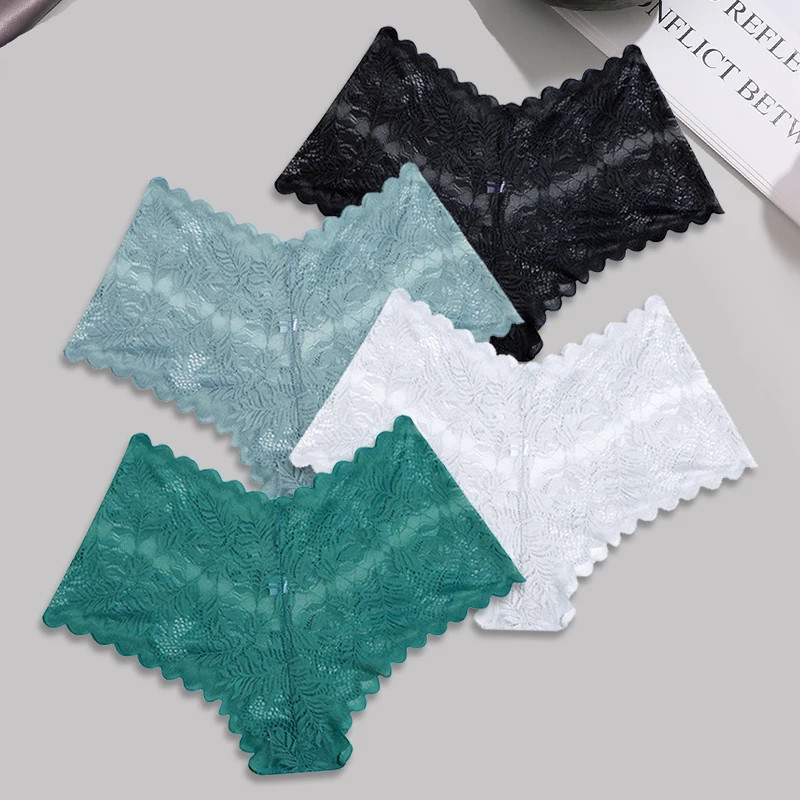 Lace Boyshort Panties Low Rise Breathable Hollow Out 4PCS Women Underwear