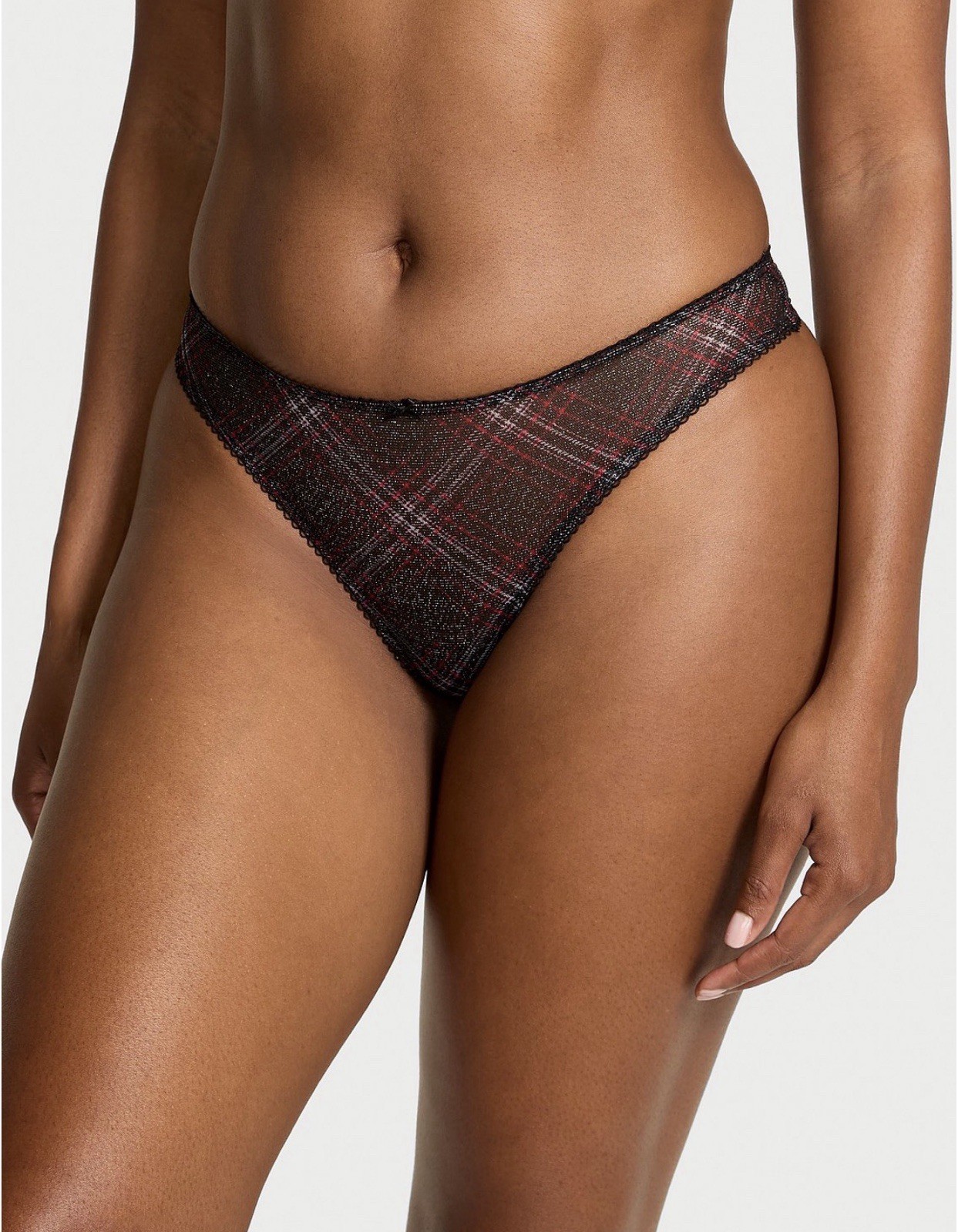 Victoria’s Secret Shimmer Mesh THONG Panty Sz M BLACK PLAID 7E63 NWT$14.50