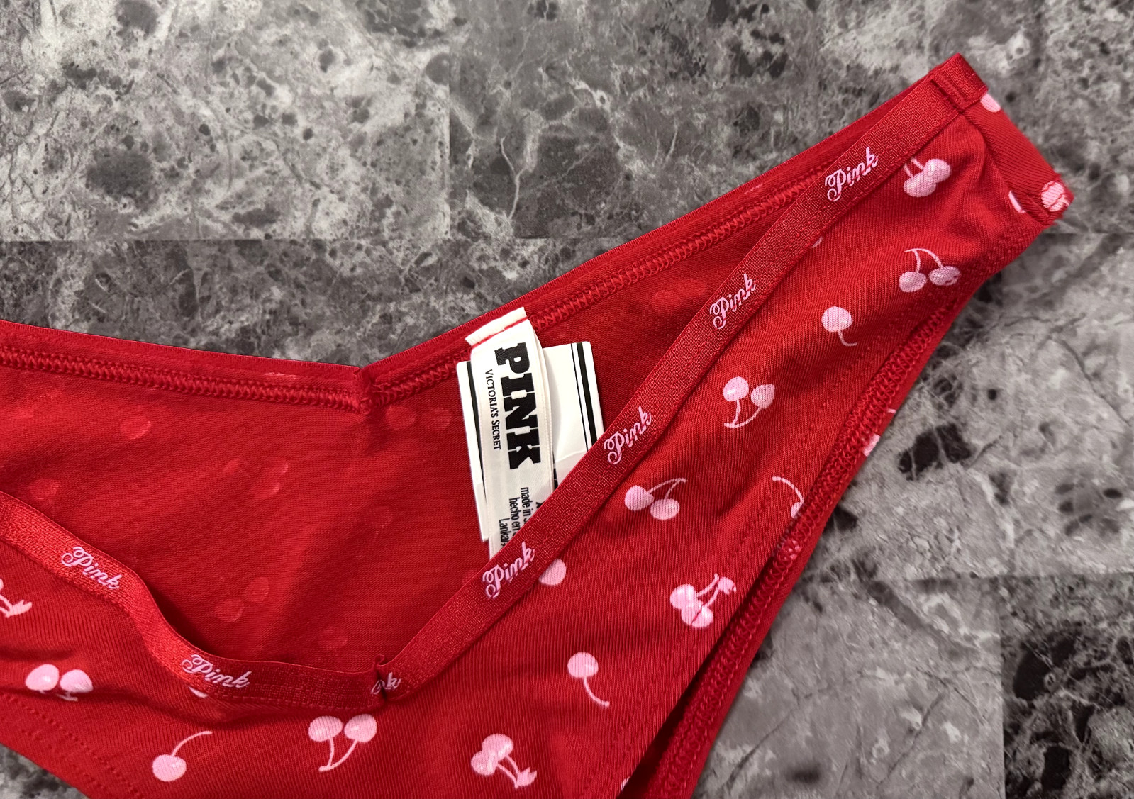 NWT VICTORIA’S SECRET PINK CHERRY PRINT LOGO BAND V STYLE TANGA CHEEKY PANTIES