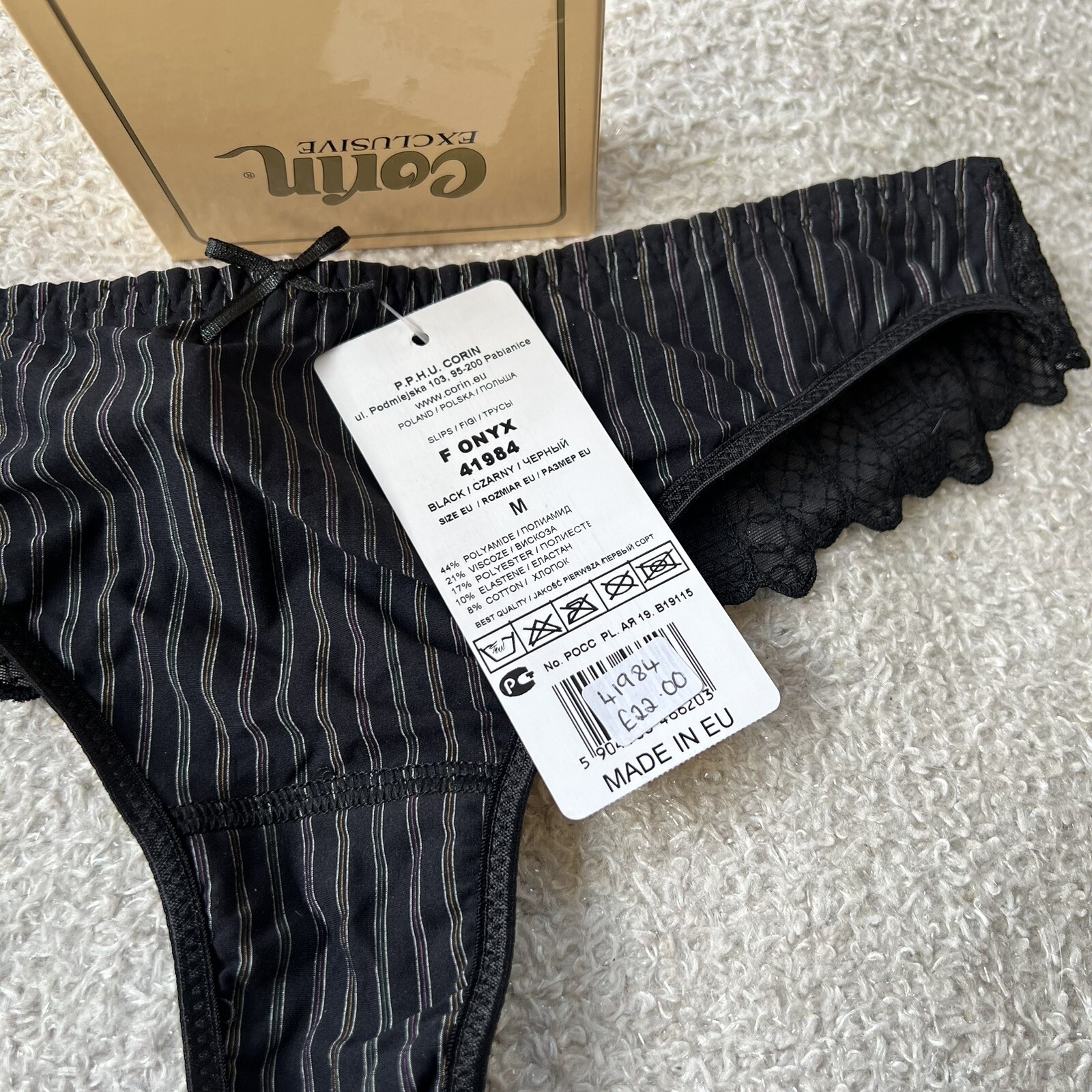 Corin Onyx Black Laced Back Thong, Size Medium (10/12) BNIB