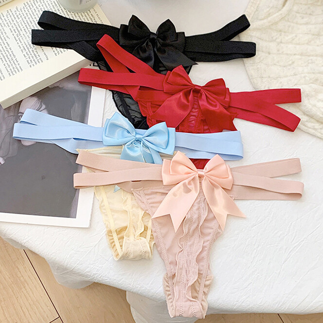 4 Pack Lot Sexy Womens Sheer Panties Thongs G string Cute Bow Underwear Lingerie