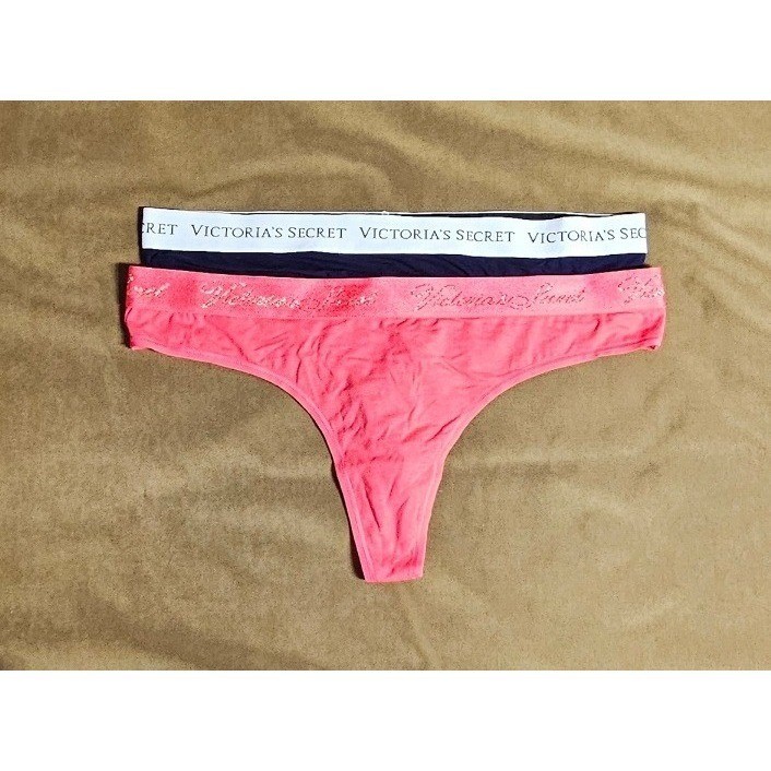 Victoria’s Secret Thong Panties 2 Pack Navy Blue Coral Pink Logo XL NWT