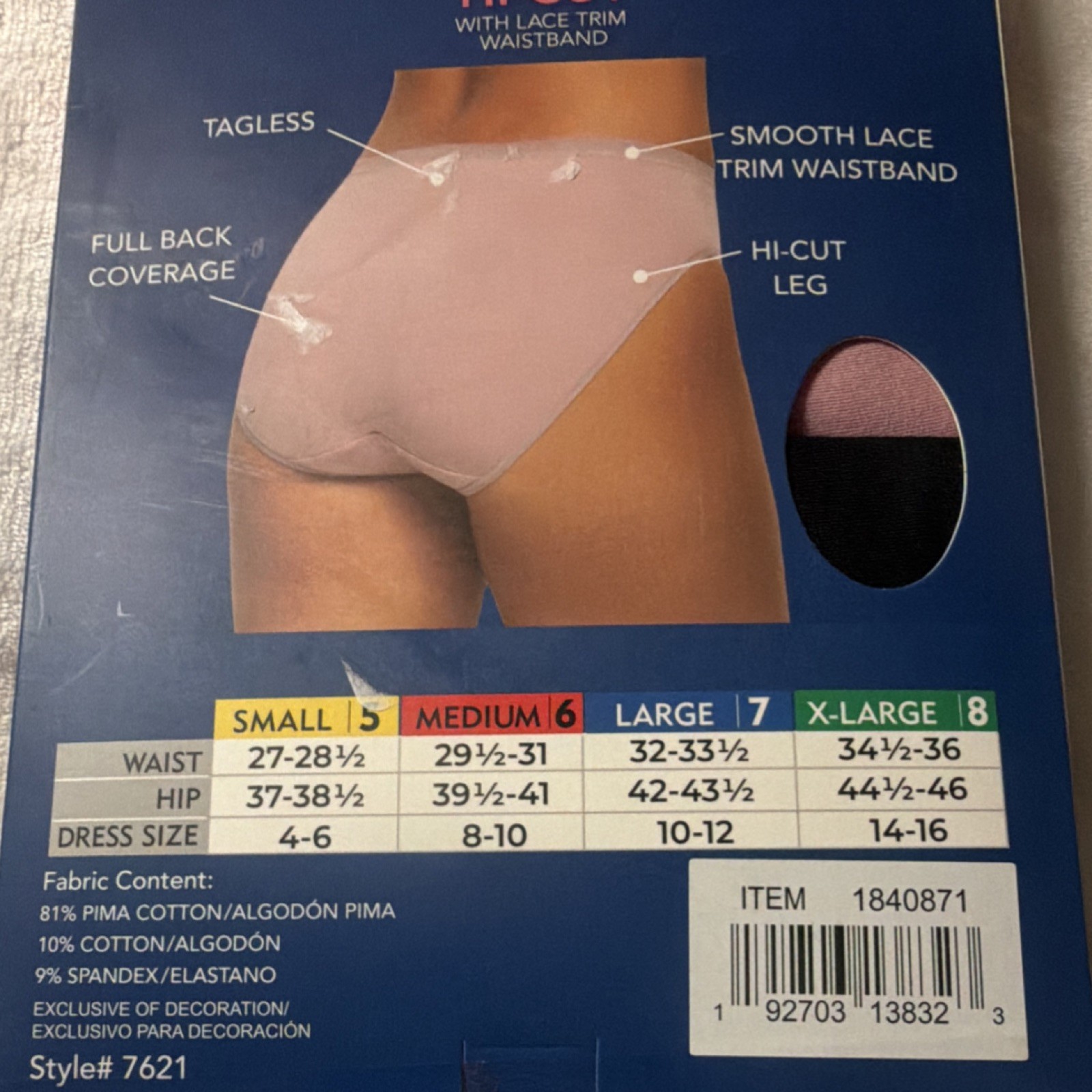 Felina Pima Cotton Blend Hi-Cut Panties 6 Pack S Lace Trim Waistband