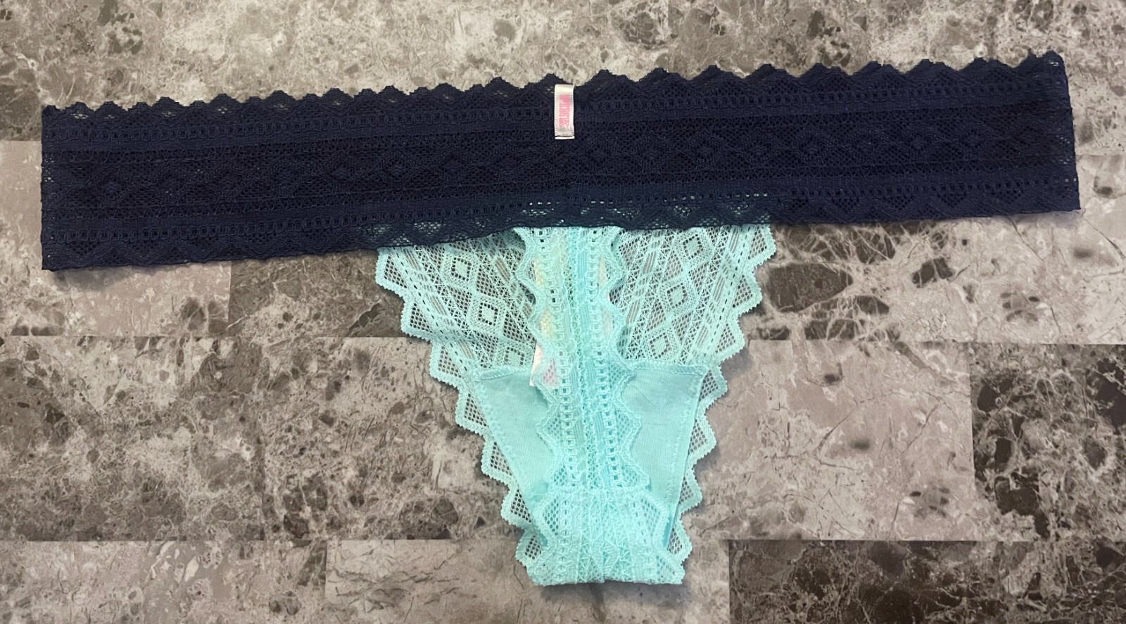 VICTORIA’S SECRET PINK L AQUA NAVY BLUE GEOMETRIC GEO LACE RARE THONG PANTIES