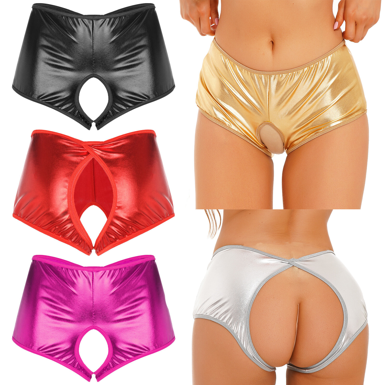 Womens Faux Leather Booty Shorts Open Butt Panty Hipster Knicker Bikini Brief