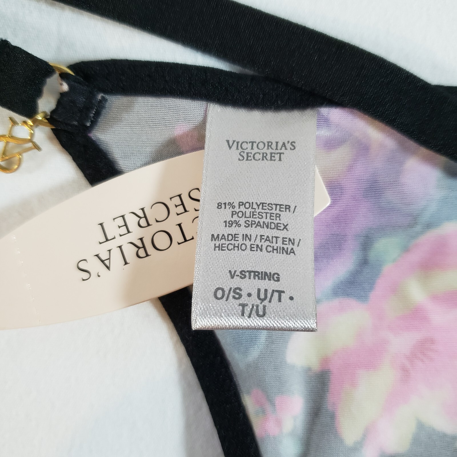 Victoria’s Secret Satin V-String Thong Black Pink One Size Sexy Gold Charm