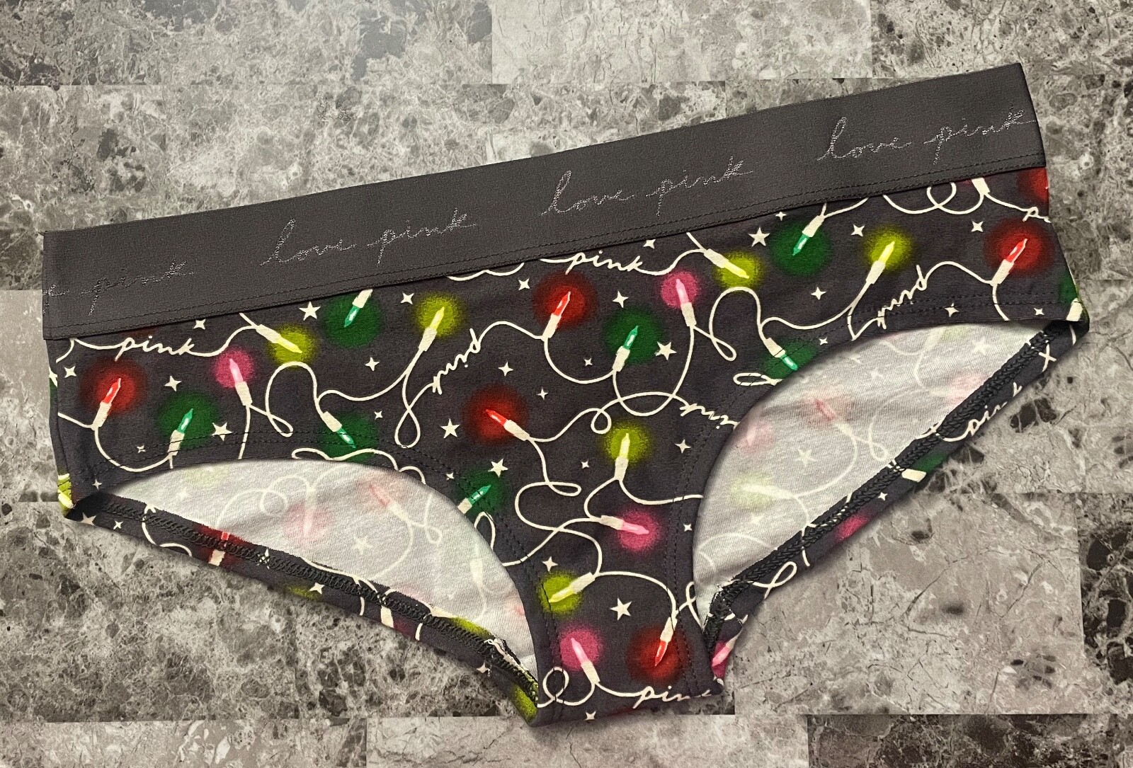 NWT VICTORIA’S SECRET PINK CHRISTMAS LIGHTS STAR THICK LOGO BAND HIPSTER PANTIES