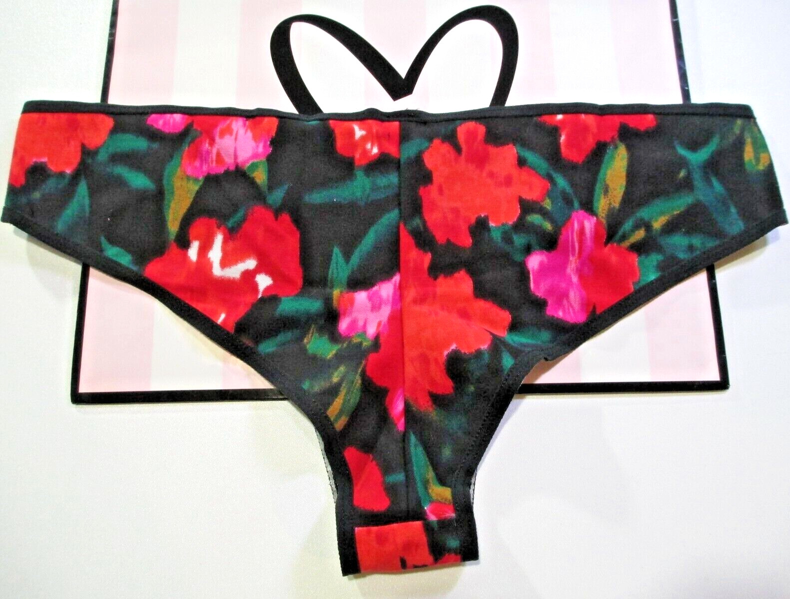 VICTORIA’S SECRET PINK Cotton Cheeky Panty L Strappy NWT Floral VS Red Black