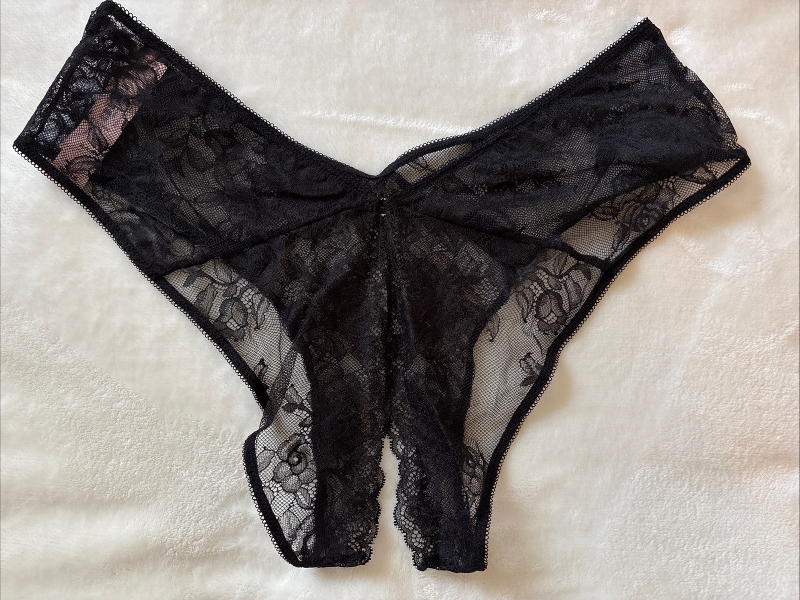 Victoria’s Secret Panties High Leg Cheeky Panty Black Floral Lace Crotchless XL
