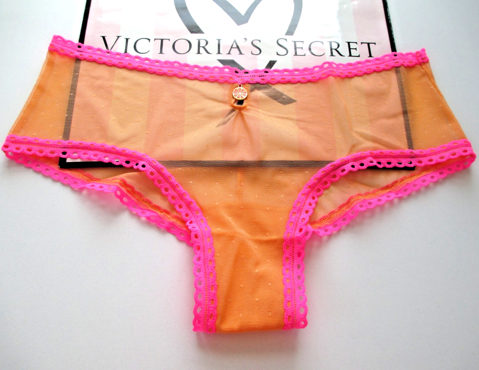 VICTORIA’S SECRET PINK Wink Cheeky Panty S M Orange NWT Fruit Hardware VS Mesh