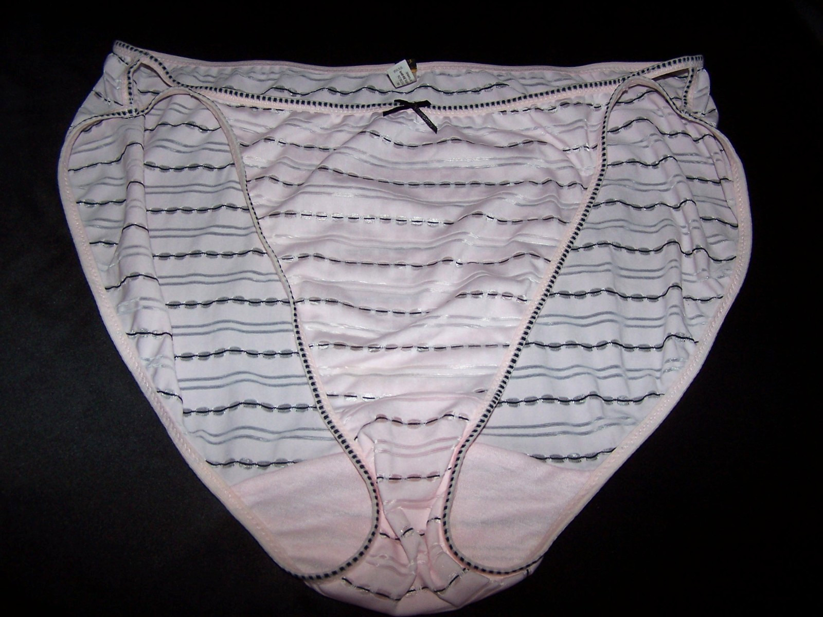 Q-T, High Leg Nylon Spandex Striped Panties, Pale Pink & Black – Size 10