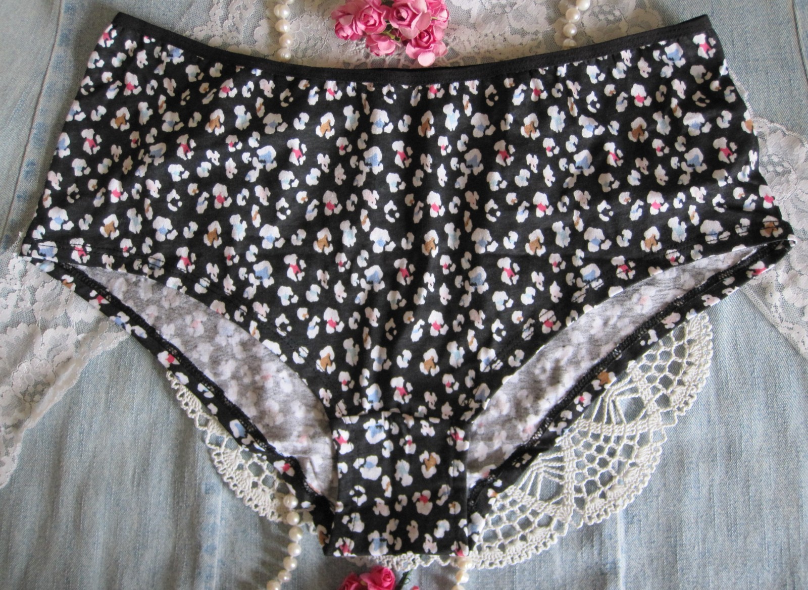 4 x Primark 100% COTTON *Short* Briefs Pack Black White Multi Leopard S 10-12