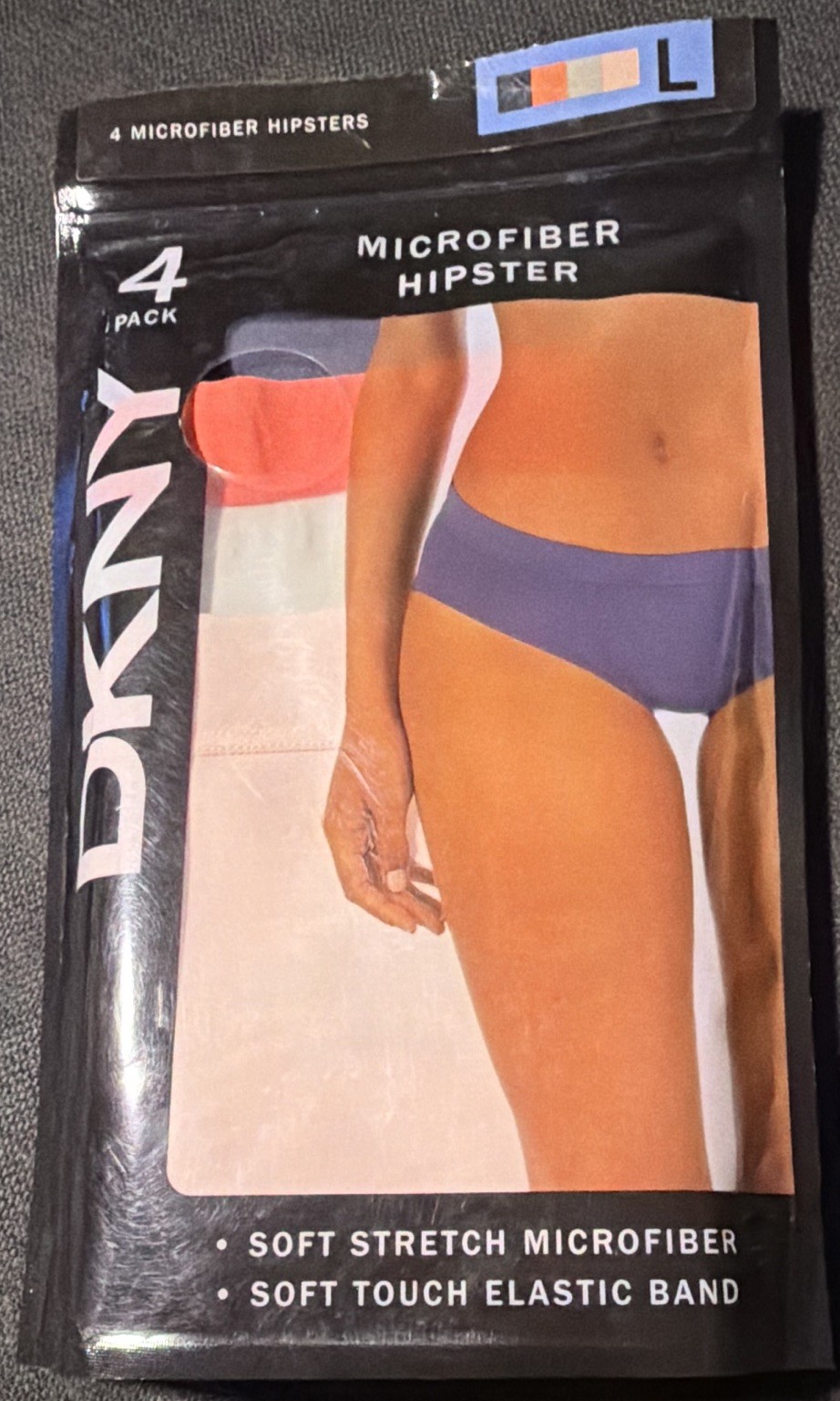 DKNY Microfiber Hipster Panties 4-Pack Womens Size L Multicolor Stretch Solid