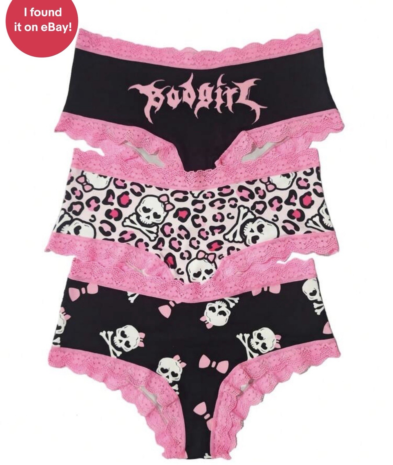 Women’s Teens Goth Punk Skulls Leopard Briefs Panty Pink Black White 3Pcs. XL