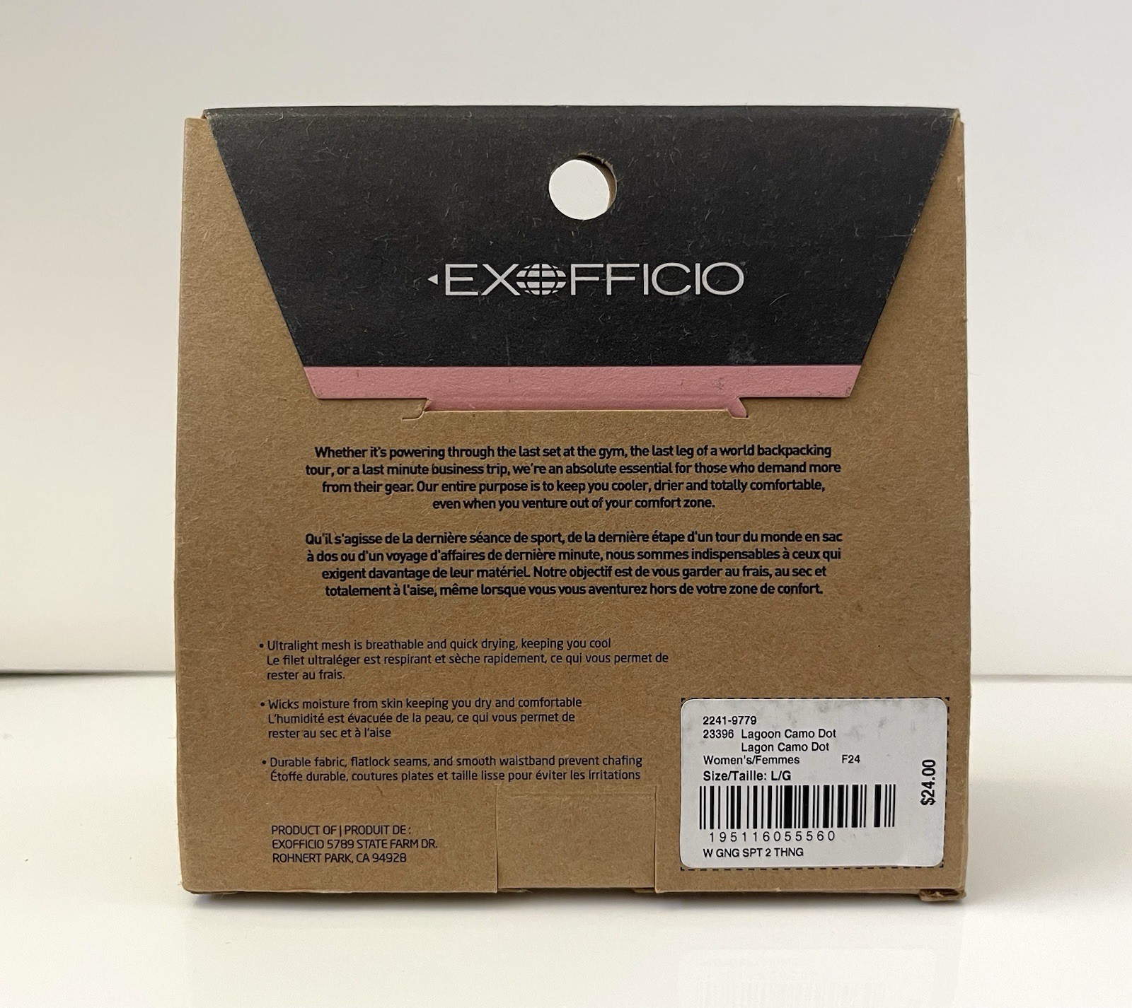 ExOfficio Women’s Give N Go 2.0 Thong Underwear Lagoon Camo Dot – size Large