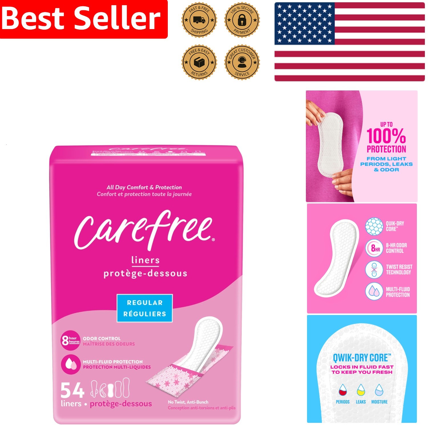 Women’s Panty Liners 54 Count Regular Unscented Wrapped for Everyday Protection
