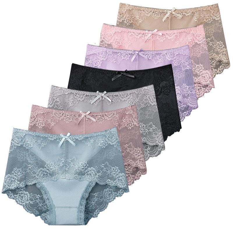 7PCS Women Cotton Lace Transparent Plus Size Antibacterial Comfortable Panties S