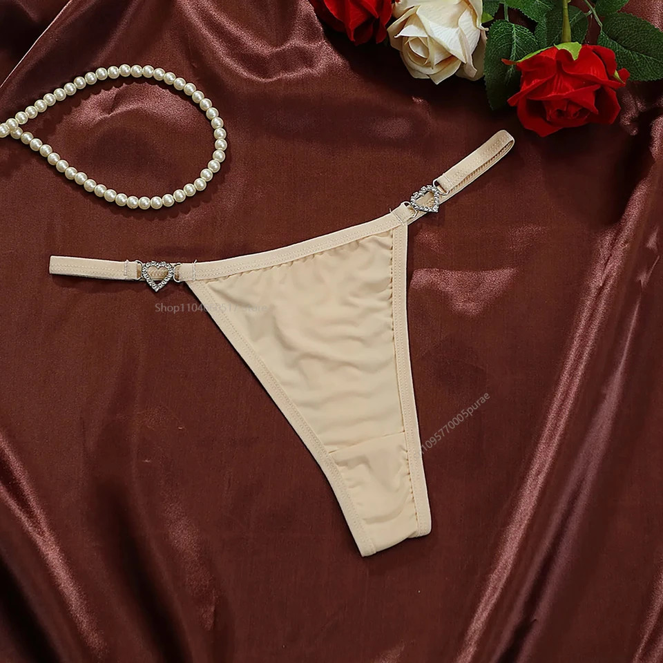 Solid Thong Panties Low Rise Heart Rhinestone Link Stretch Soft Lingerie Women