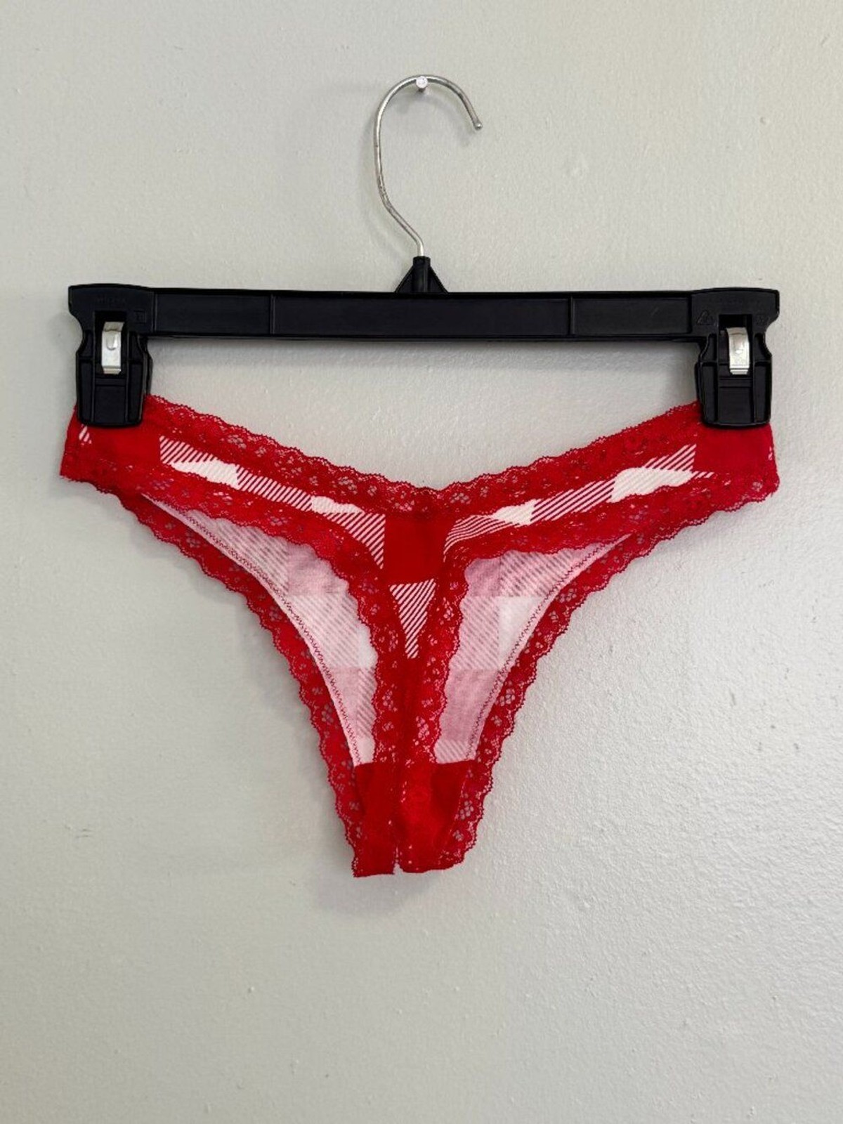 NEW SKIMS Lightweight Cotton Lace Thong Red & White Gingham Check XS NWOT