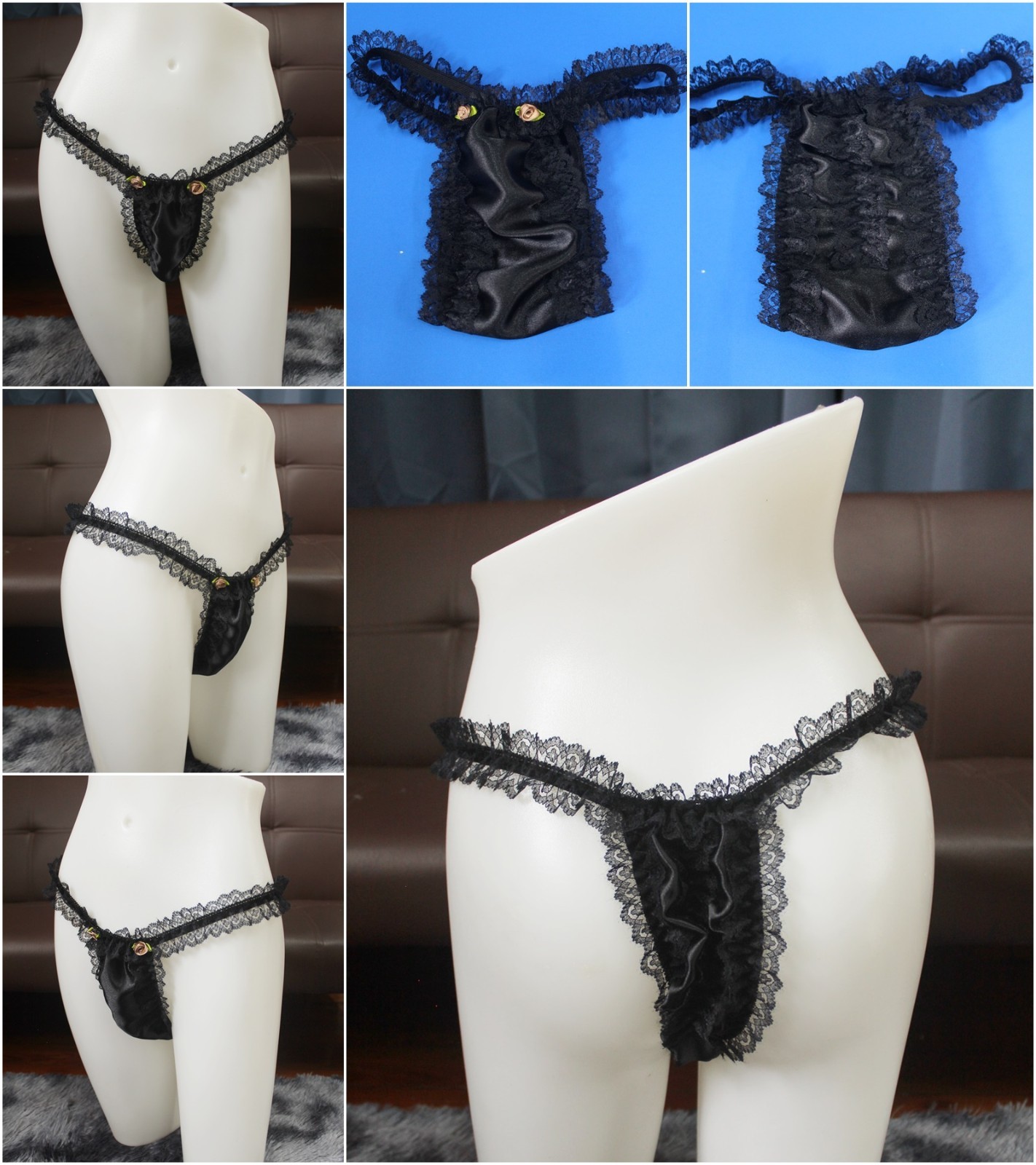 #A66 2XL/ElasticW.25-44″VintageStyle Black Satin Thong Bikini Panties Underwear