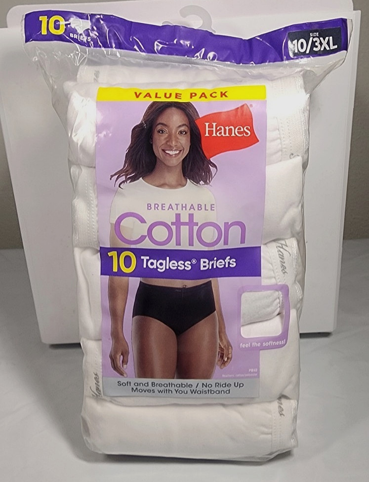 Hanes Breathable Cotton Valu Pak 10 Tagless Briefs Size 10/3XL Preshrunk Cotton