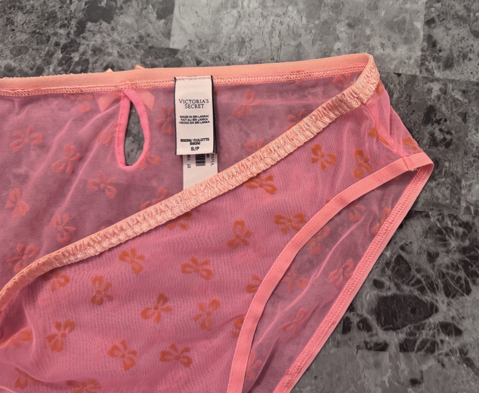 NWT VICTORIA’S SECRET S CORAL BOW FLOCKED VELVET LIKE MESH RARE BIKINI PANTIES