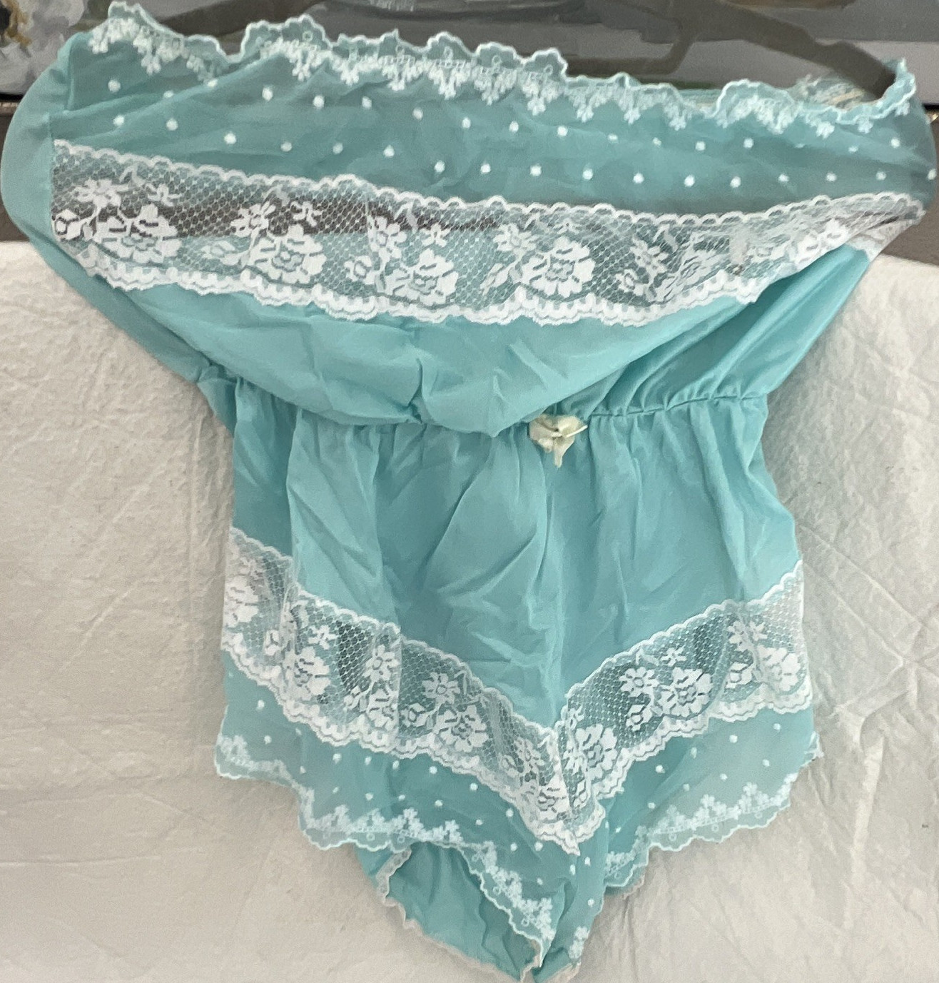 Blue White Polka Dot Nylon Lace Trim Women’s Babydoll Size M used
