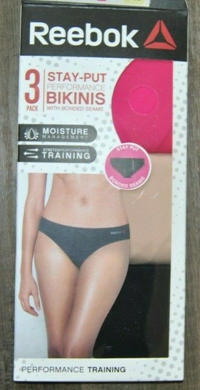 Reebok 3pk Womens Performance Bonded Seams Bikini Underwear Black Nude Pink Sz L