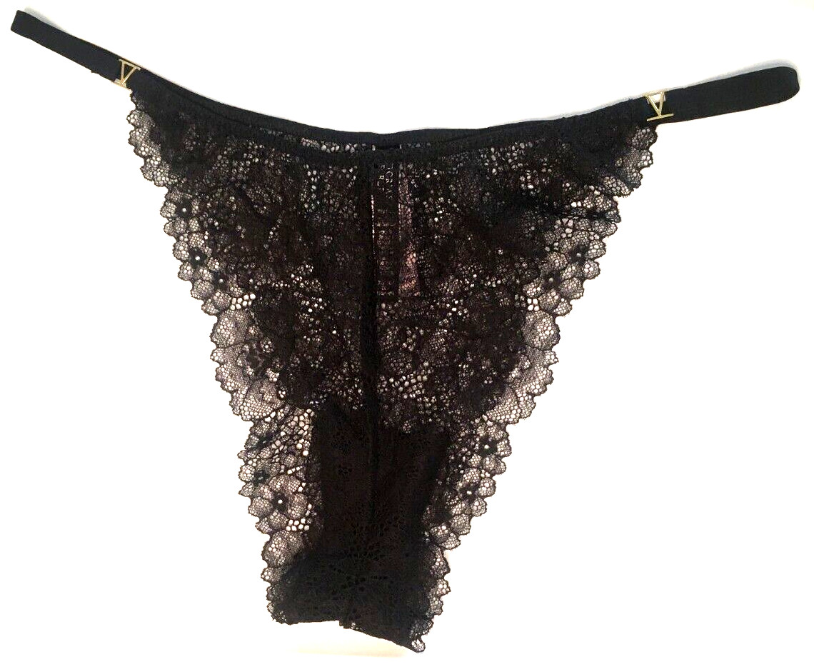 Victorias Secret Black Lace Brazilian Panty Size XL Logo V Hardware Very Sexy