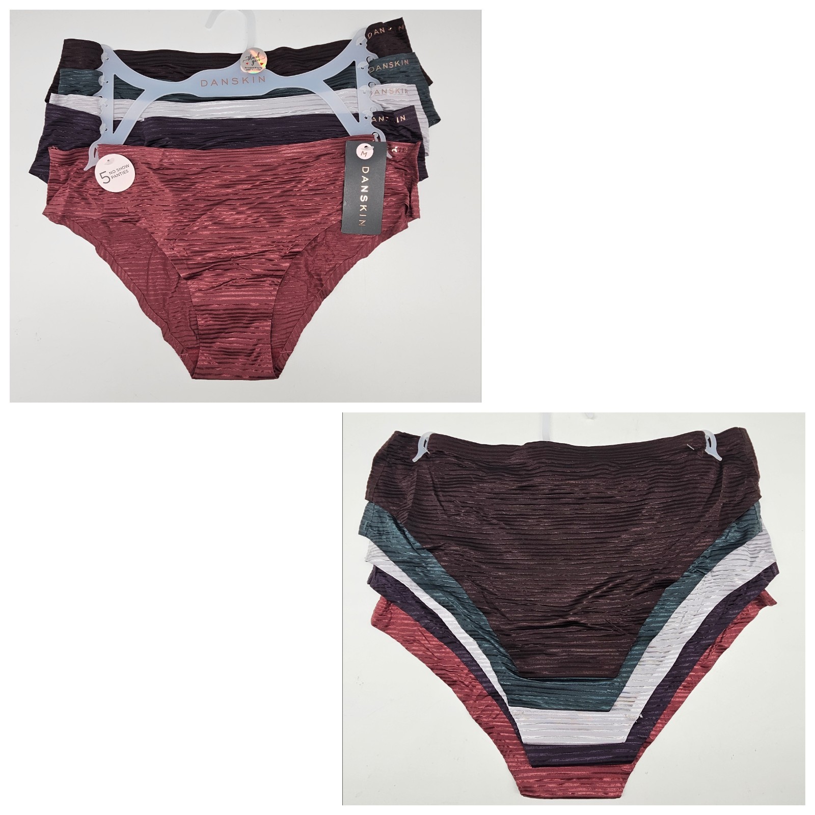 DANSKIN 5 Pack Women’s S M L Logo No Show Satin Panties Brown Green Gray Purple