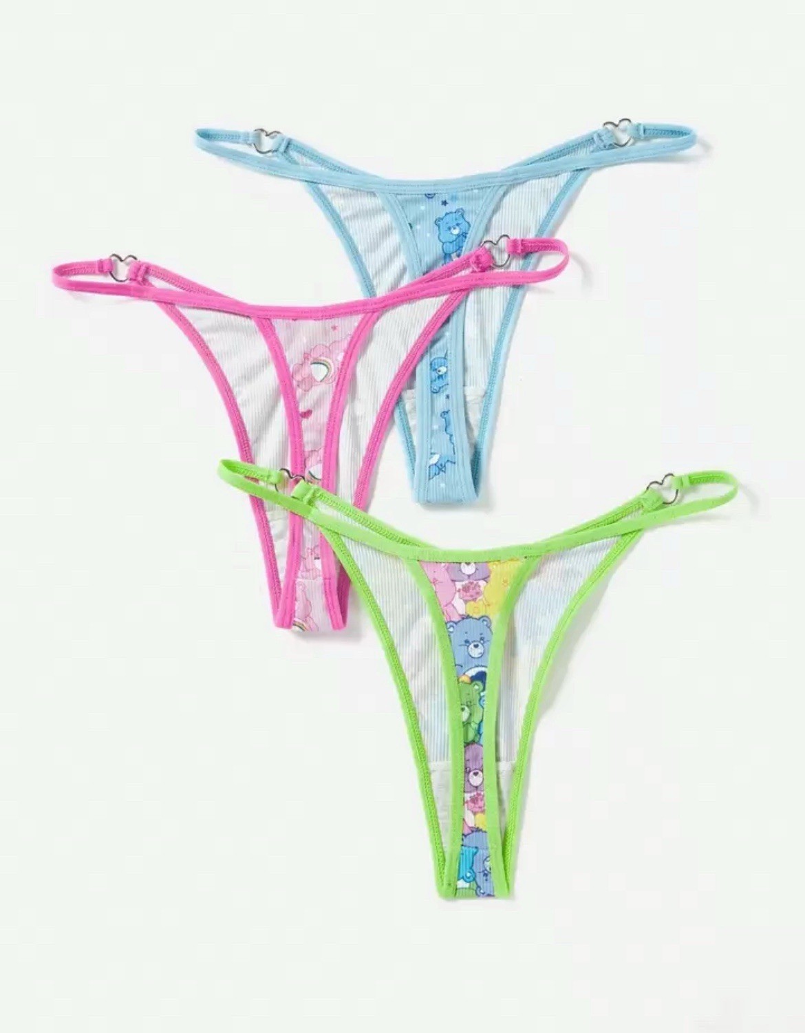 Care Bears X ROMWE 3pcs Set, Silver Heart Kawaii y2k Cartoon Printed Thong-S,M,L