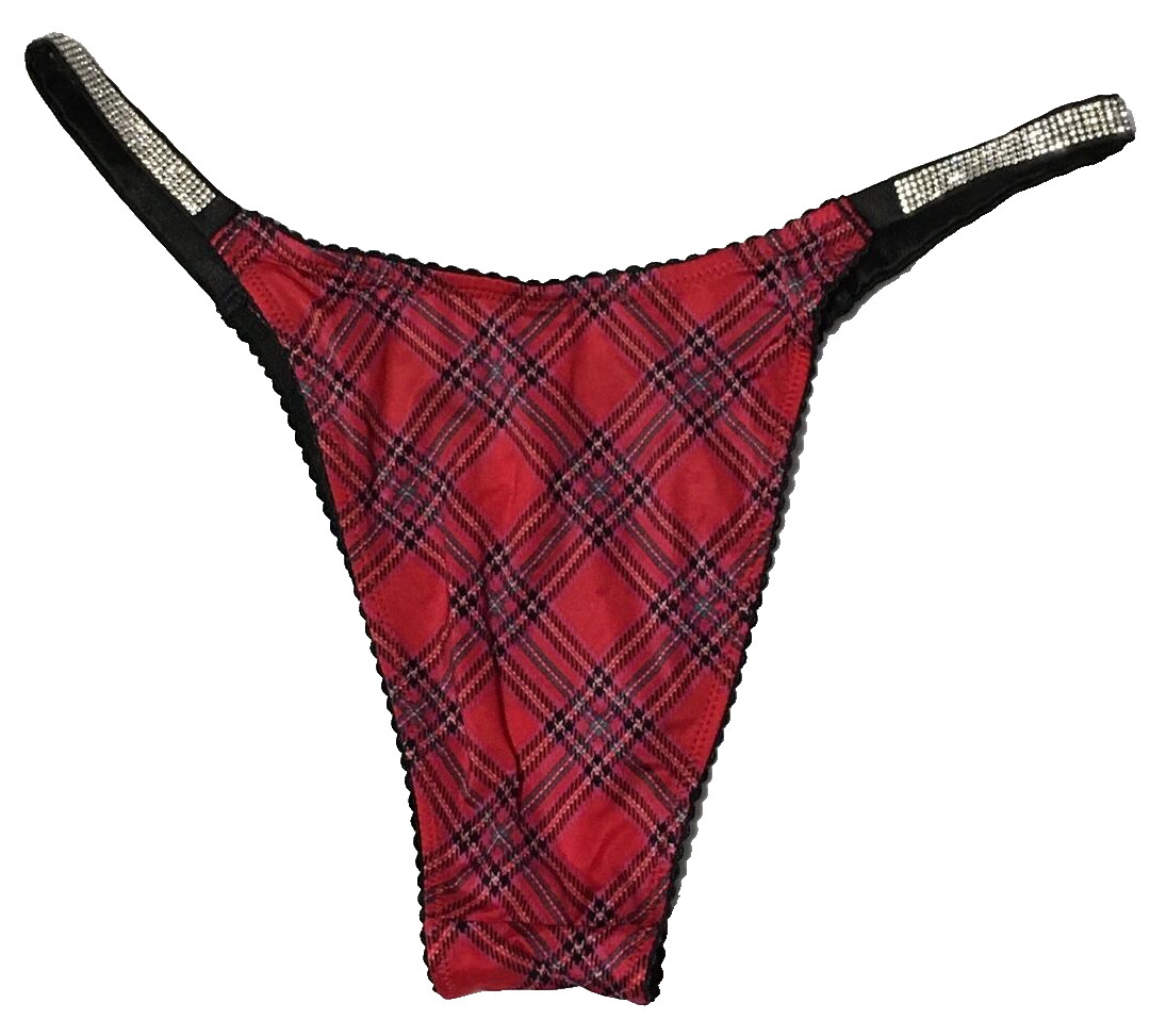 Victoria’s Secret Red Plaid Shine Strap Brazilian Panties M Rhinestones Sparkle