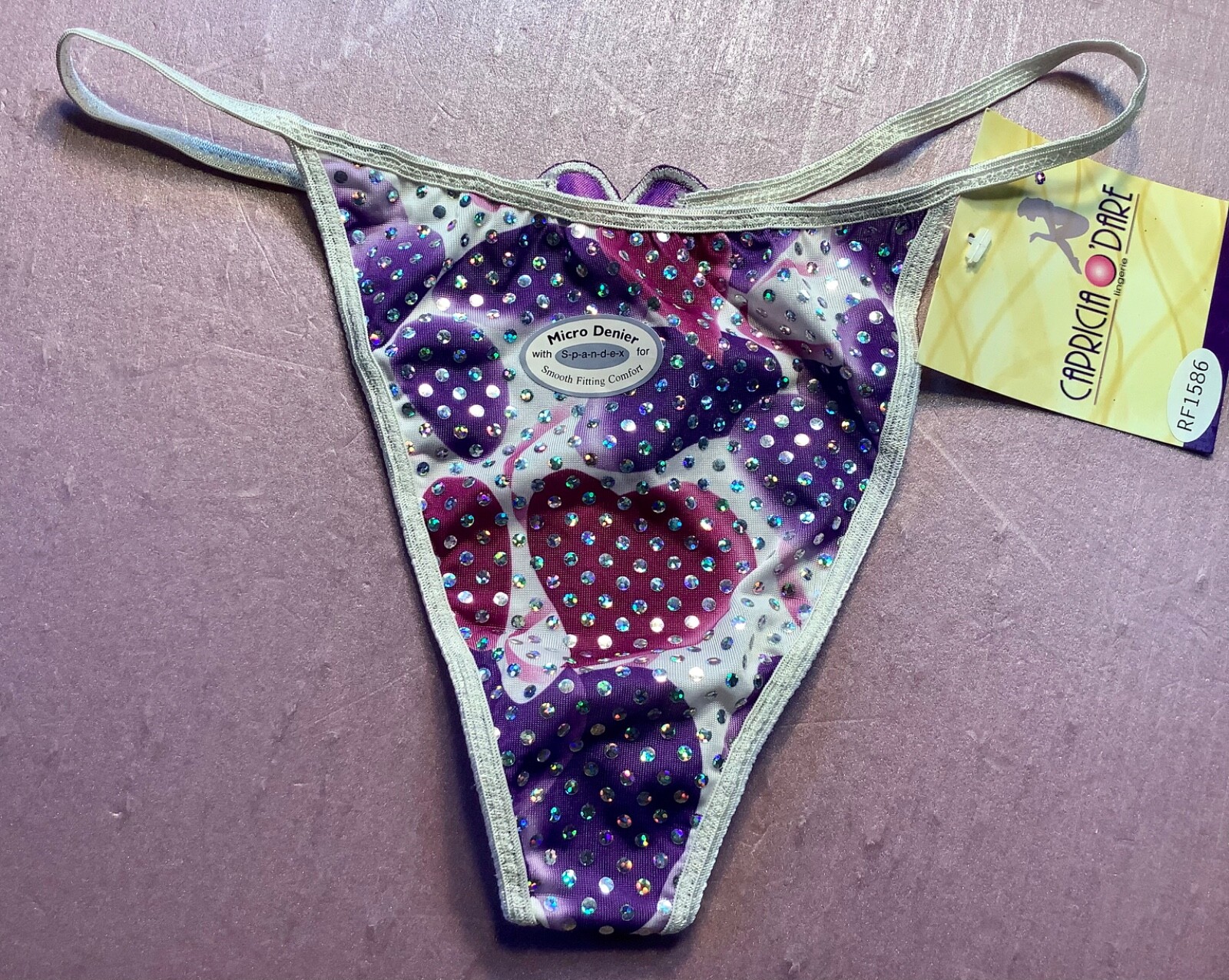 Women’s panties thongs CAPRICIA O’DARE Size L/7 swinging violet w/metallic dots