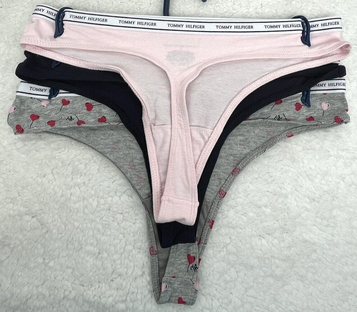 Tommy Hilfiger Women’s Thong SZ Medium 3-Pk Soft Cotton Hearts Panties W/ Logo