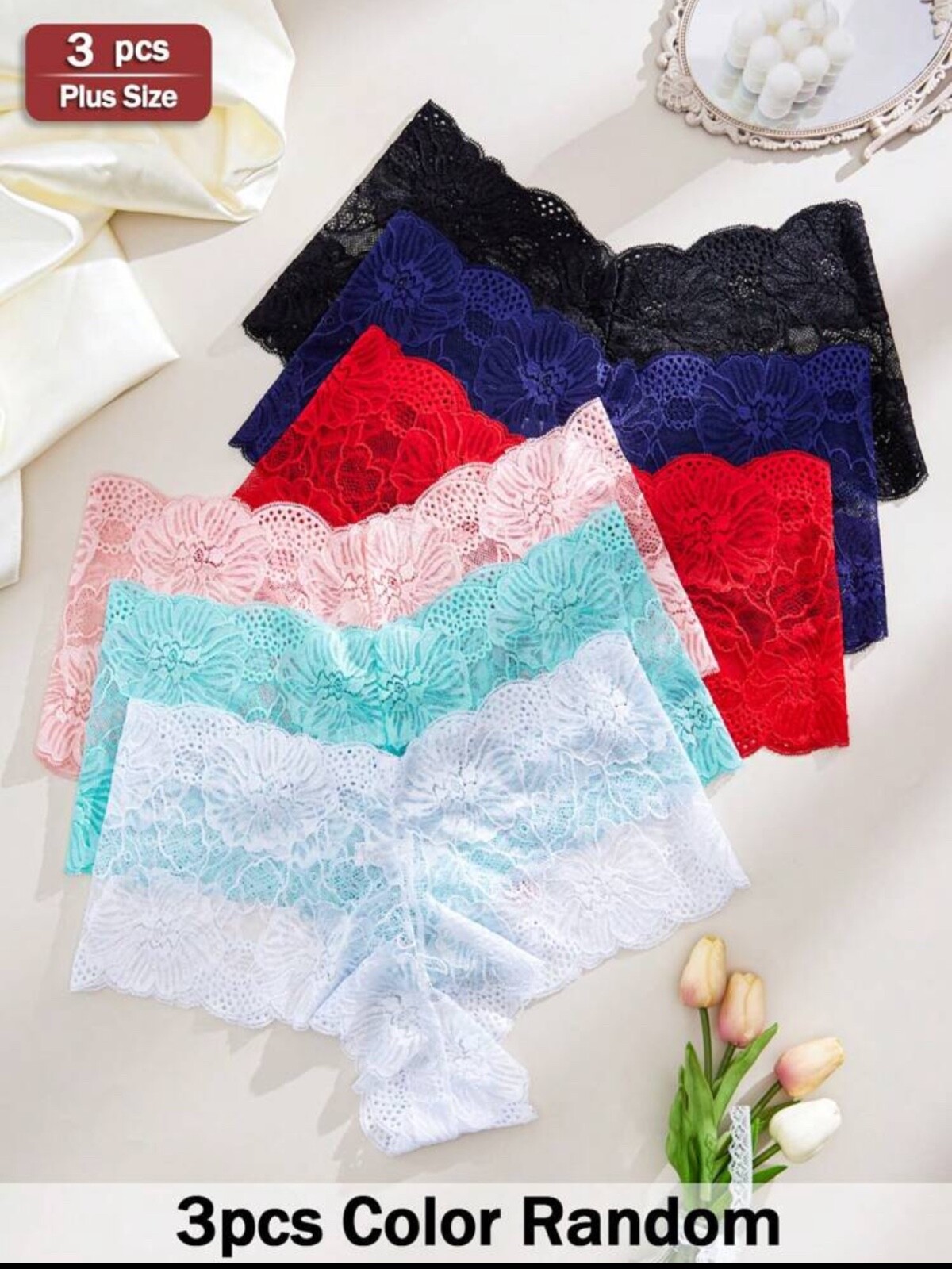 APRSEA 3 Pieces Plus Size Random Color Panties Women s Lace Panties Skin-Friendl