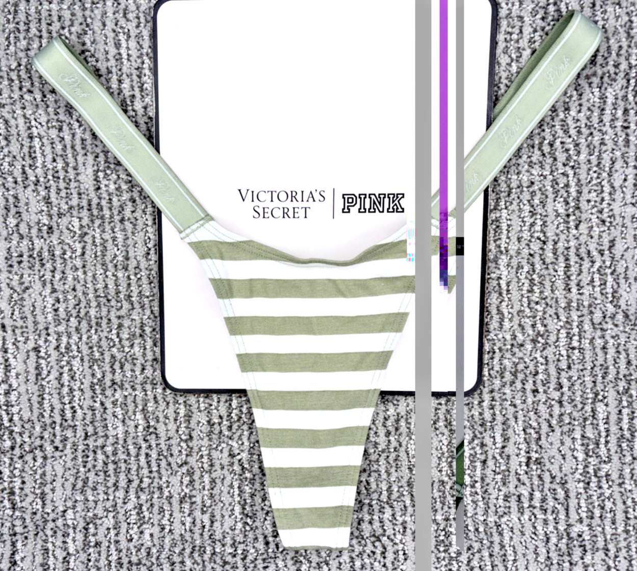 Victoria’s Secret PINK NWT Medium Green Stripe Micro Thong Panty Spellout Sexy