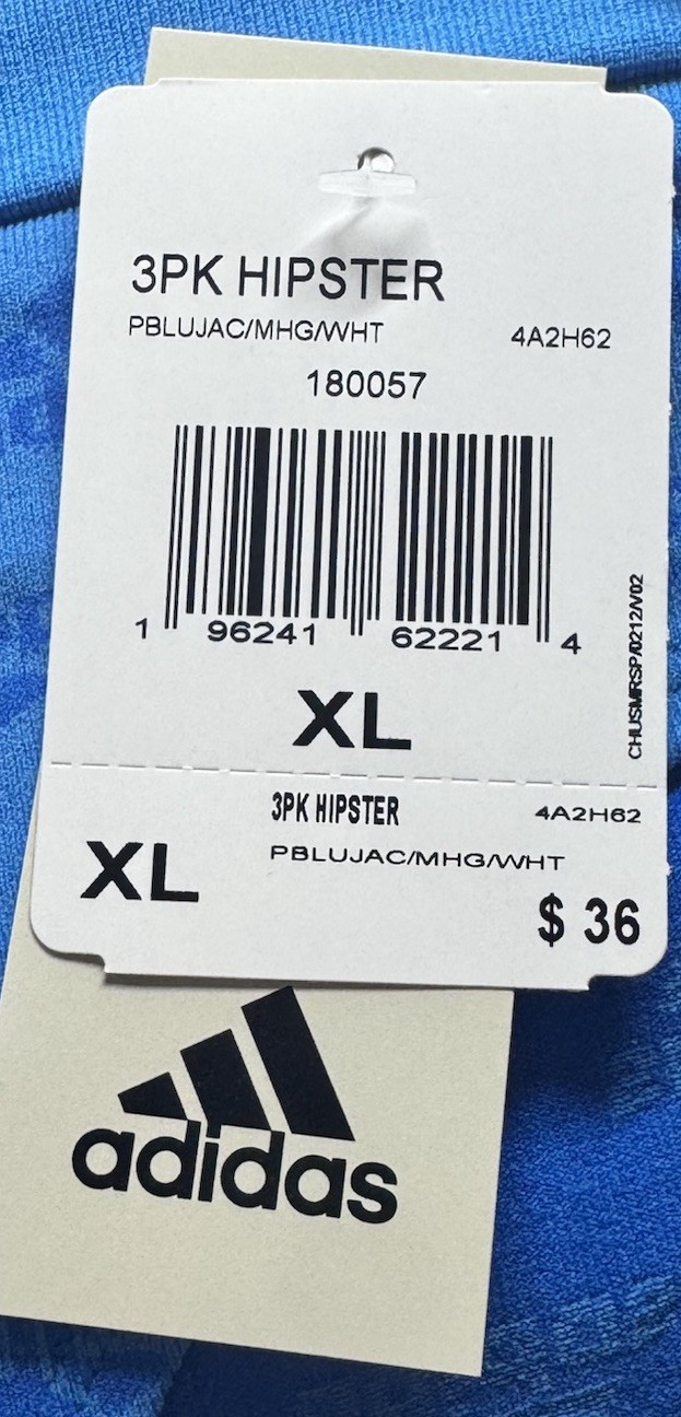 ADIDAS Women’s Size XL Hipster 3-Pack Panties Underwear LOGO Blue Gray White
