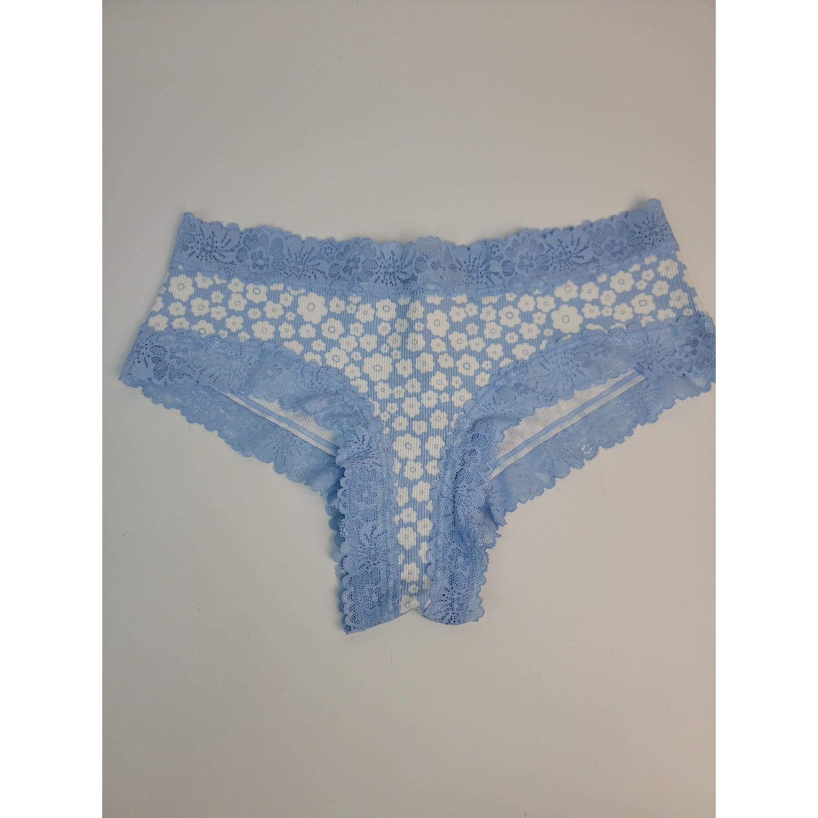 PINK Victorias Secret Blue Floral Ribbed Lace Trim Cheeky Panty Small NEW