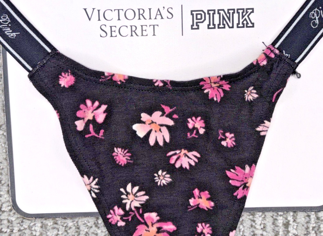Victoria’s Secret PINK NWT Medium Black Floral Micro Thong Panty Spellout Sexy