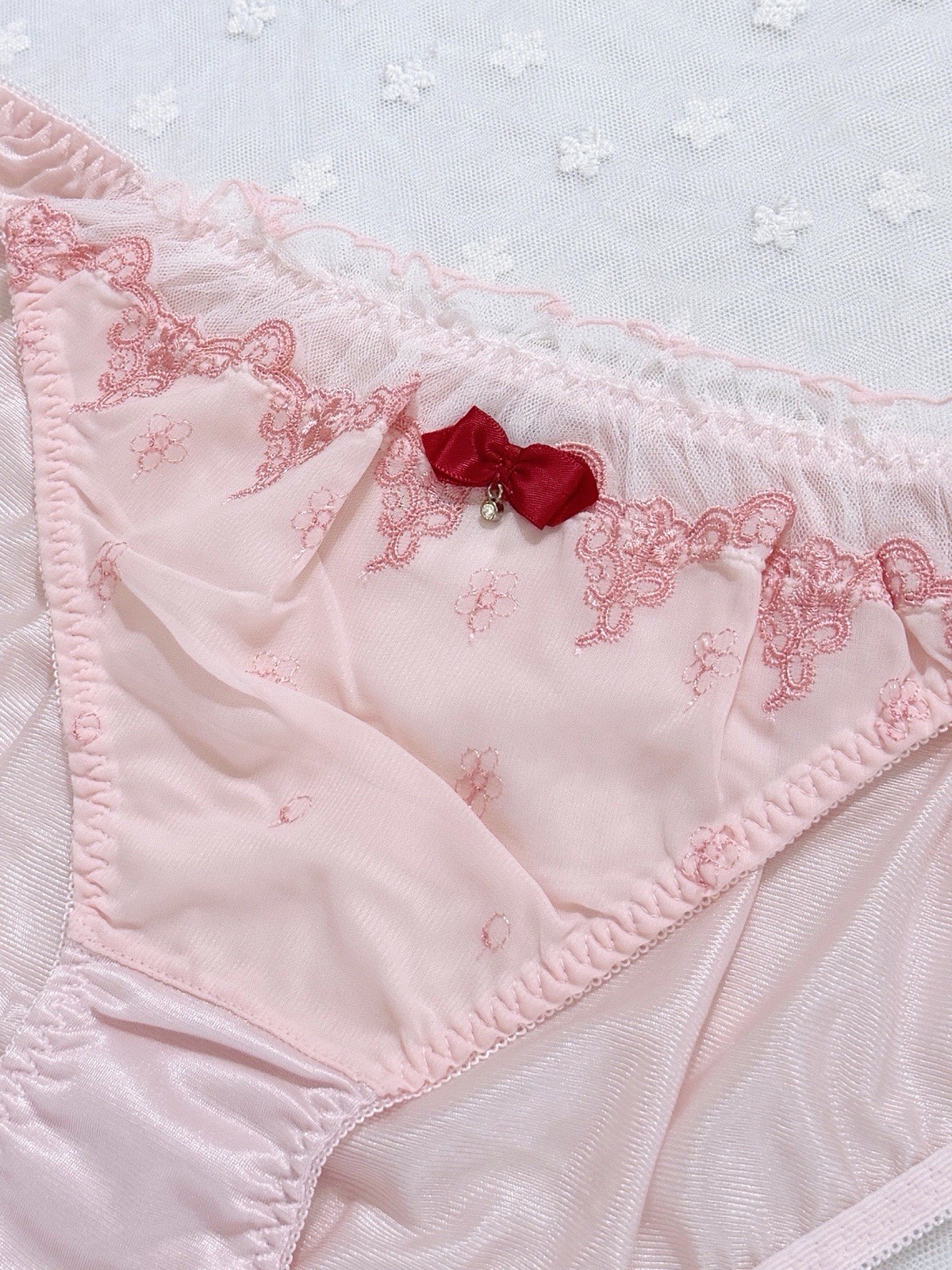 US-L/JP-4L Japanese Cute Bow Embroidery Glossy Smooth Tricot Nylon Panties Pink
