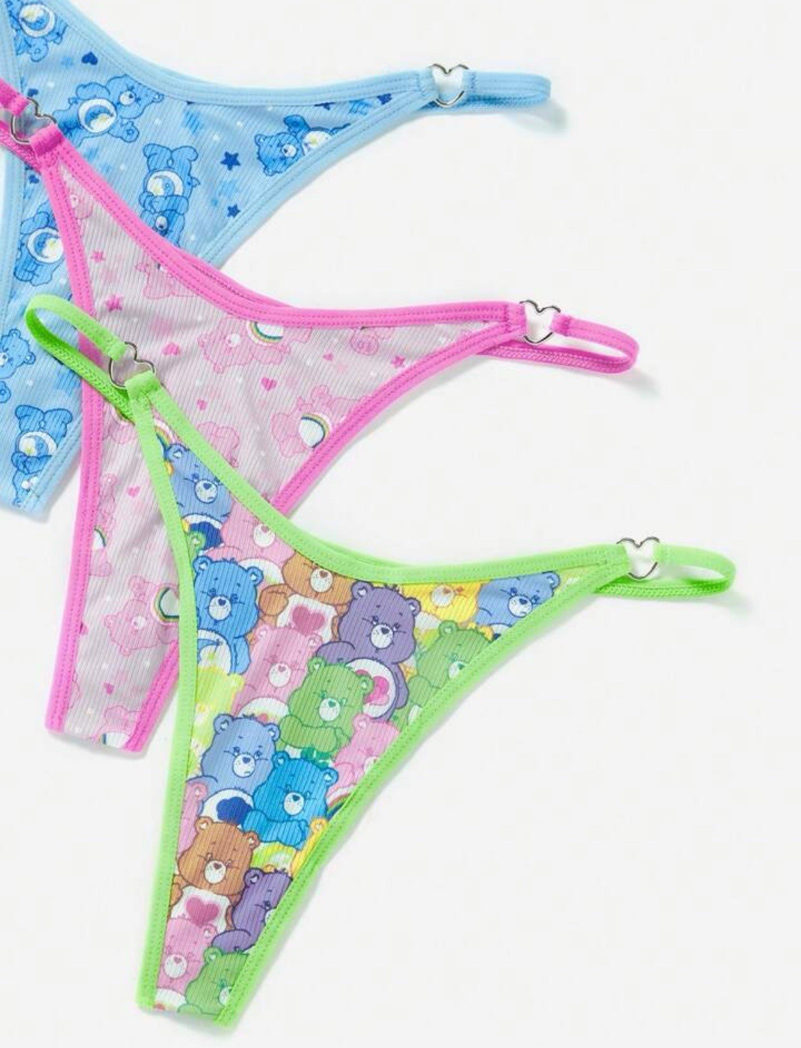 Care Bears X ROMWE 3pcs Set, Silver Heart Kawaii y2k Cartoon Printed Thong-S,M,L