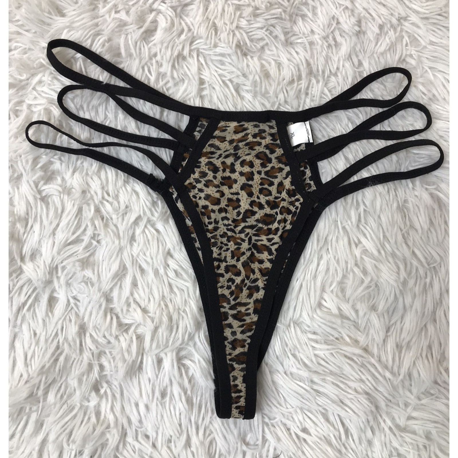 Women’s Tripple Strappy Cheetah Thong Panty Brown animal print Mesh Sz XL