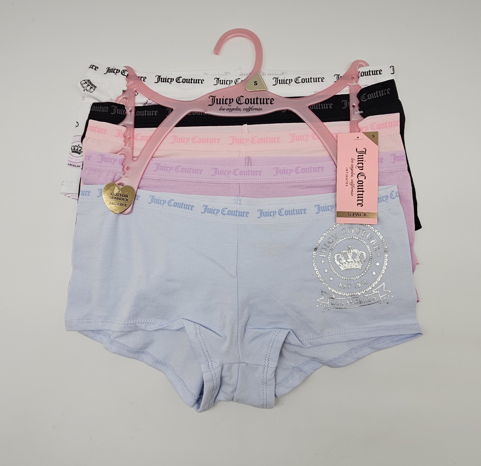 JUICY COUTURE 5 Pk Women’s S L XL Cotton Logo Boy Shorts White Black Pink Blue