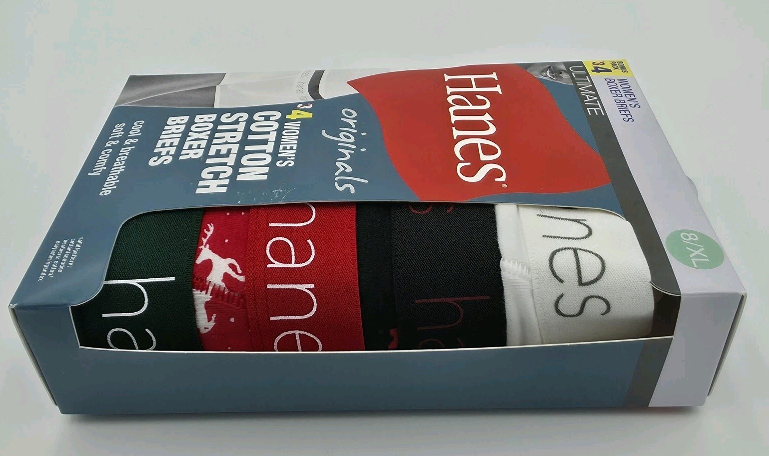 Hanes Originals Boxer Brief Panties Womens 8/XL Multicolor Cotton Stretch 4 Pack