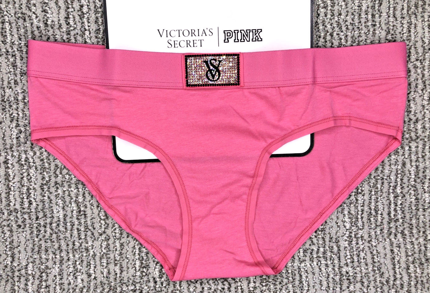 VictoriasSecret NWT Medium Pink Shine Patch Hiphugger Panty Logo Rhinestone Sexy