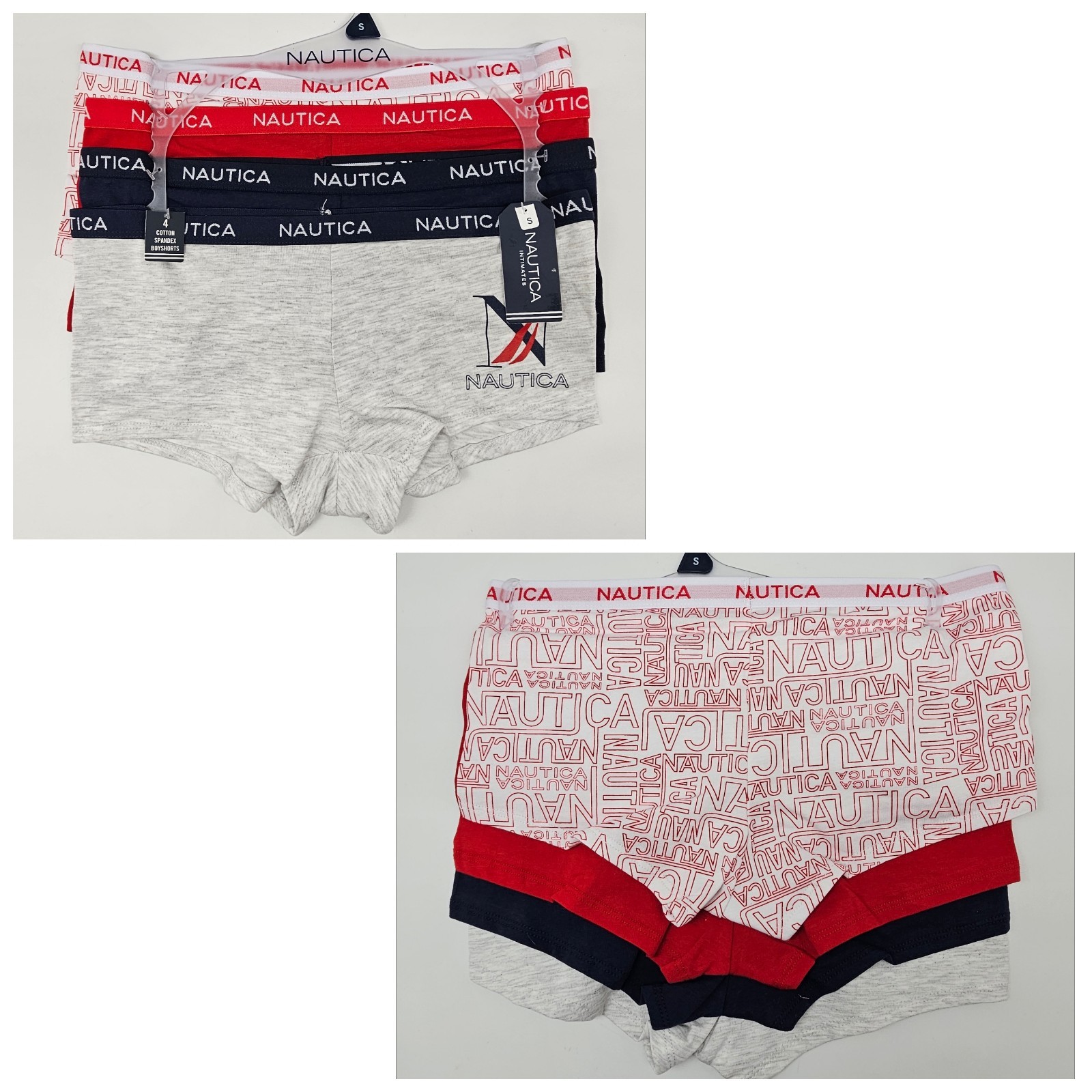 NAUTICA 4 Pack Women’s S M L XL Cotton Logo Boy Shorts White Red Navy Gray